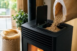 Pellets versés dans un poêle à granulés propre avant entretien