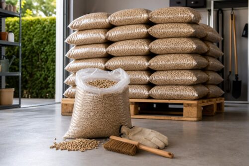 Palette de sacs de granulés neutres stockée dans un garage sec