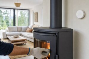 Détecteur de monoxyde de carbone installé près d’un poêle à bois avec conduit visible