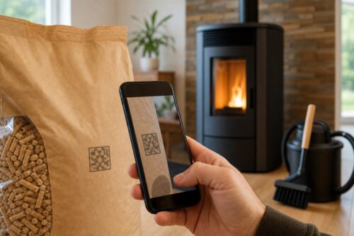 Sac de granulés neutre scanné avec un téléphone près d’un poêle à granulés