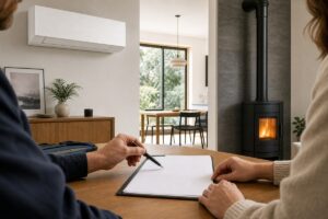 Devis de chauffage avec pompe à chaleur air-air et poêle à bois dans une maison