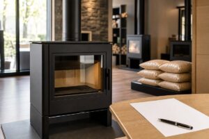 Poêle exposé en showroom avec conduit visible et devis vierge sur une table