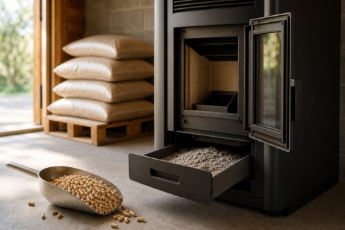 Sacs de pellets stockés au sec près d’un poêle à granulés avec cendrier ouvert