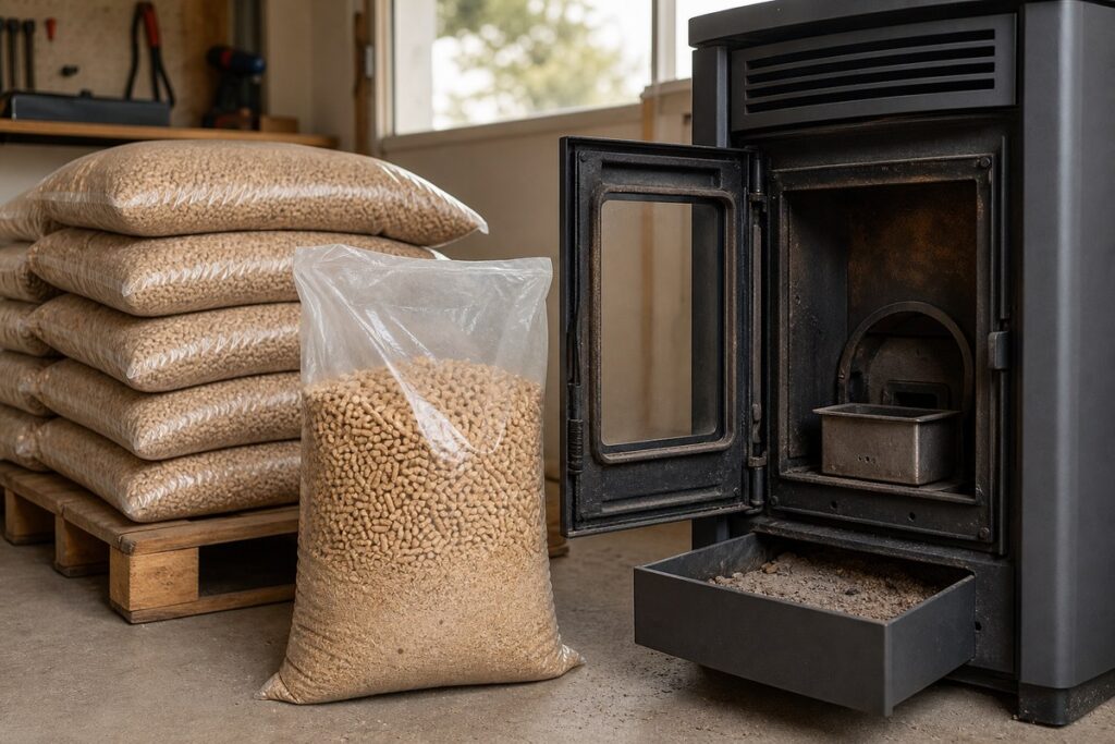 Sacs de pellets neutres près d’un poêle à granulés ouvert pour contrôler les cendres et la poussière