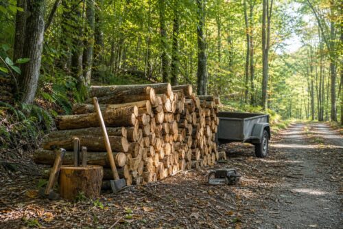 Tas de bois communal en forêt avec une remorque vide et des outils de coupe rangés