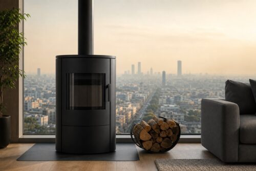 Poêle à bois éteint dans un salon avec une ville voilée par la pollution en arrière-plan