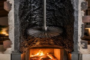 Conduit de cheminée encrassé par du bistre avec hérisson de ramonage