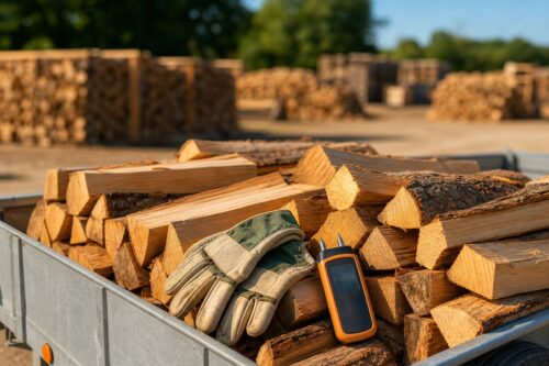 Remorque chargée de bûches fendues avec gants et humidimètre sans écran lisible