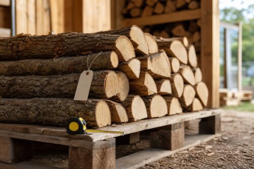 Bûches propres empilées sur palette sèche avec étiquette neutre et mètre ruban