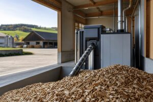 Chaufferie au bois déchiqueté avec plaquettes sèches dans un bâtiment agricole