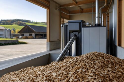Chaufferie au bois déchiqueté avec plaquettes sèches dans un bâtiment agricole