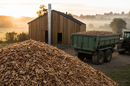 Tas de plaquettes de bois devant une chaufferie rurale et une remorque