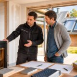 Artisan comparant un devis de chauffage avec un poêle et des capteurs solaires thermiques visibles