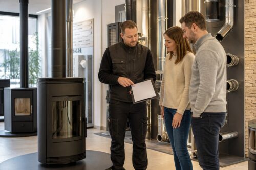 Installateur présentant un devis de poêle à bois dans un showroom avec conduits apparents