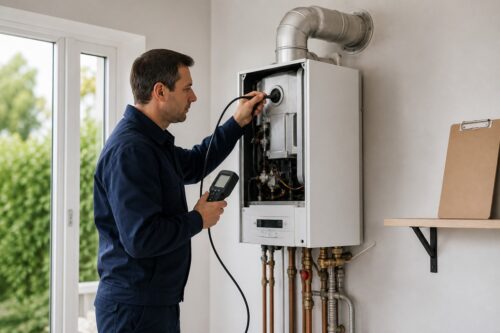 Technicien contrôlant la combustion d’une chaudière avec un analyseur relié au conduit