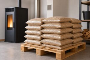 Sacs neutres de granulés de bois empilés sur palette dans un local sec près d’un poêle