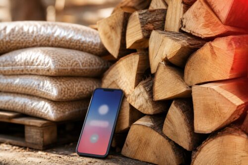Bûches, sacs de granulés et téléphone avant une commande de bois de chauffage