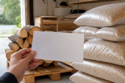 Main tenant un bon vierge devant des sacs de pellets et des bûches stockées au sec