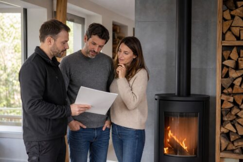 Installateur présentant un devis devant un poêle à bois avec conduit visible