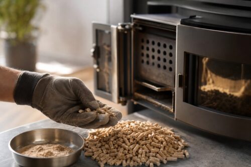 Granulés de bois et poussières vérifiés avant entretien d’un poêle à granulés