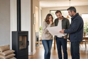 Installateur présentant un devis de poêle à bois devant un conduit intérieur