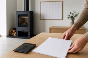 Devis vierge et calculatrice devant un poêle à bois moderne