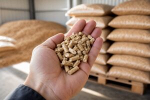 Main inspectant des granulés de bois devant des sacs stockés au sec
