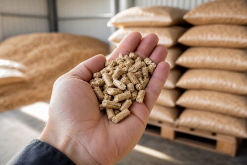 Main inspectant des granulés de bois devant des sacs stockés au sec