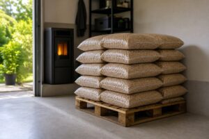 Palette de sacs de granulés de bois stockée dans un garage sec près d’un poêle