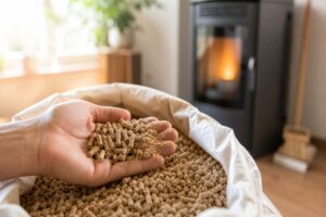 Granulés de bois avec poussière devant un poêle à granulés