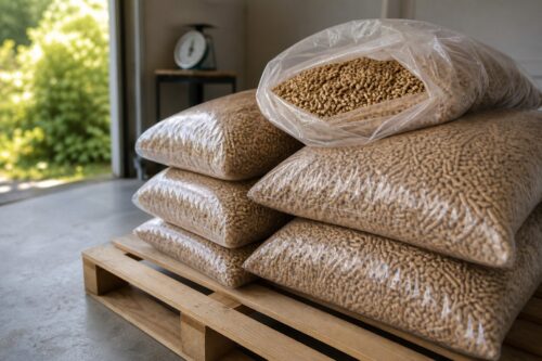 Sacs de pellets sur une palette dans un local sec