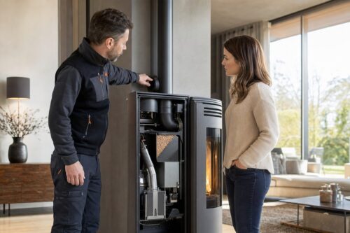 Installateur montrant le raccordement d’un poêle à granulés avant devis