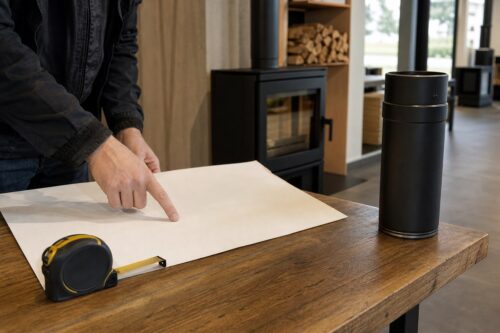 Installateur montrant un plan vierge devant un poêle à bois en showroom