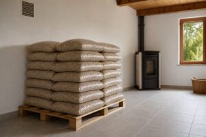 Sacs de pellets neutres empilés sur palette dans une pièce sèche et ventilée, loin du poêle