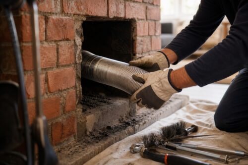 Tubage inox inséré dans un ancien conduit de cheminée en briques