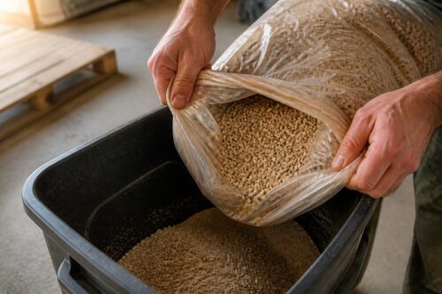 Ouverture d’un sac de pellets au-dessus d’un bac pour observer les fines
