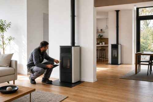 Deux poêles à granulés installés dans une maison avec leurs conduits