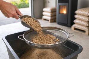 Pellets versés dans un tamis pour séparer la poussière avant de remplir le poêle