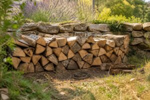 Vipère visible devant un tas de bois de chauffage