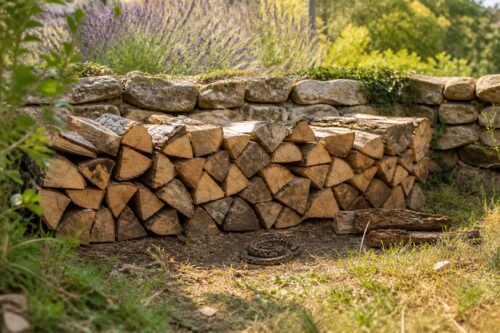 Vipère visible devant un tas de bois de chauffage