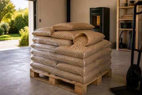 Palette de sacs de pellets stockée au sec avant livraison