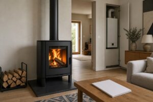 Poêle à bois et chaudière gaz dans une maison rénovée