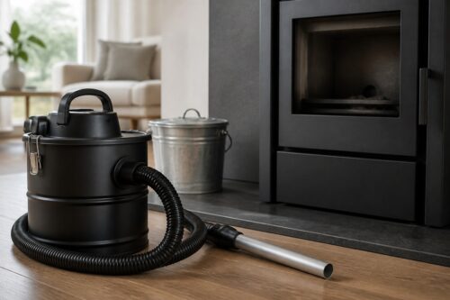 Aspirateur à cendres métallique devant un foyer de poêle froid