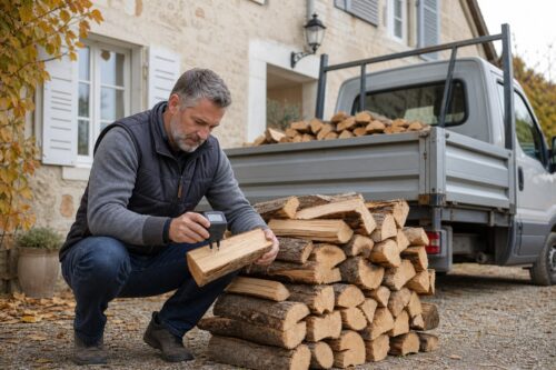 Bois de chauffage contrôlé avec un humidimètre après livraison