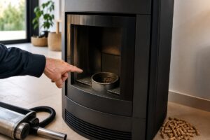 Brasero propre d’un poêle à granulés contrôlé avant redémarrage