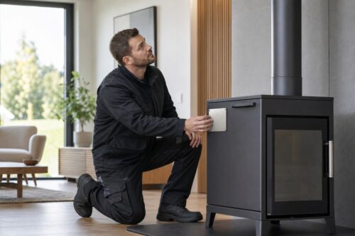 Installateur contrôlant un poêle à bois et son conduit avant l’achat