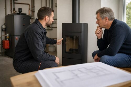 Installateur comparant une ancienne chaudière fioul et un poêle à bois avec conduit