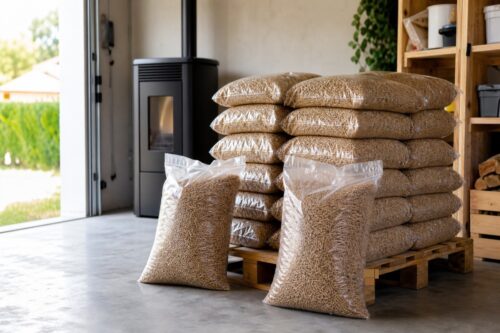 Palette de granulés de bois stockée au sec dans un garage près d’un poêle