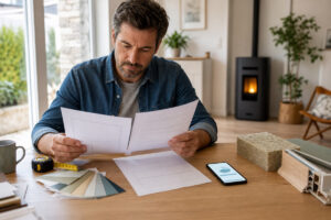 Propriétaire comparant un devis de rénovation avec un poêle à granulés en arrière-plan