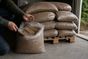 Sacs de pellets stockés sur une palette dans un garage sec